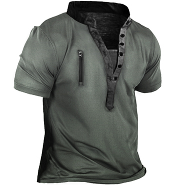 Men's Outdoor Zip Retro Print Chic Tactical Heney Short Sleeve T-shirt