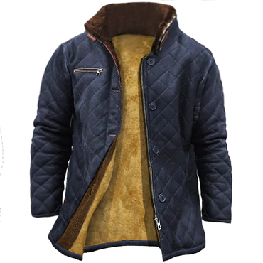 Men Vintage Quilted Leather Chic Jacket Outdoor Zip Pocket Warmth Coat