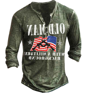 Old Men With A Chic Militaaryi Backgrouund Men's Vintage Henley Button Long Sleeve Shirt