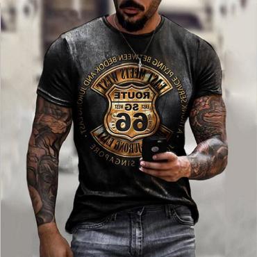 Men's Vintage Loose Route Chic 66 Letter Print Short Sleeve T-shirt