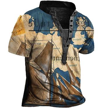 Men's Vintage Map Sailboat Print Chic Henley T-shirt