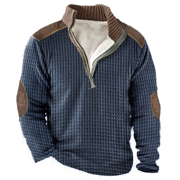 Men's Thick Fleece Elbow Chic Patche Waffle 1/4 Zip Sweatshirt Casual Outdoor Stand Collar Tactical Top