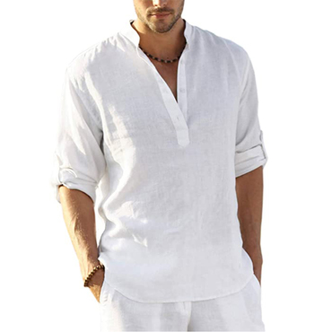 Men's Casual Loose Solid Chic Color Stand Collar Cotton Linen Long Sleeve Shirt