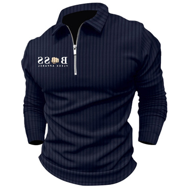 Men's Polo Zip Shirt Chic Stripe Long Sleeve Lapel T-shirt Casual Fit Tops
