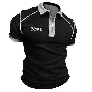 Men's 1/4 Zipper Neckline Chic Patchwork Contrasting Short Sleeved Polo Shirt