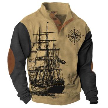 Men's Sweatshirt Vintage Nautical Chic Sailing Compass Stand Collar Buttons Colorblock Daily Tops