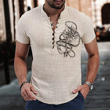 Men's Nautical Compass Printed Chic V-neck Button Linen Shirt Top