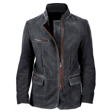 Men Vintage Stand Collar Chic Suede Blazer Side Zip Fly Contrast Leather Webbing Medium Length Jacket Coats