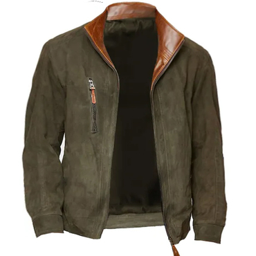 Men's Vintage Suede Bomber Chic Jacket Outdoor Stand Collar Polo Zip Pockets Coat