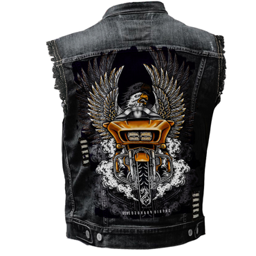 Men's Vintage Rock Punk Chic Eagle Motorcycle Print Washed Distressed Ripped Denim Vest