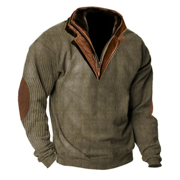Men's Outdoor Casual Zip Chic Polo Stand Collar Long Sleeve Sweatshirt Double Layer Lapel Fur Leather Collar Pullover