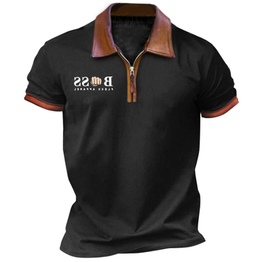 Men's Boss 1/4 Zip Chic Leather Lapel Polo Casual Short Sleeve T-shirt