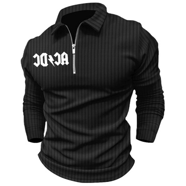 Men's Acdc Rock Band Chic Stripe Print Polo Zip Shirt Long Sleeve Lapel T-shirt Casual Fit Tops
