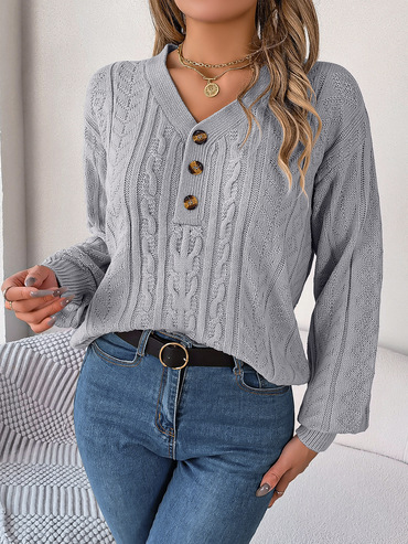 Women's Retro Jacquard Knitted Chic Button V-neck Balloon Sleeve Sweater
