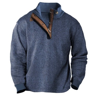 Men's Sweatshirt Vintage Herringbone Print Chic Button Zip Stand Collar Contrast Color Daily Tops