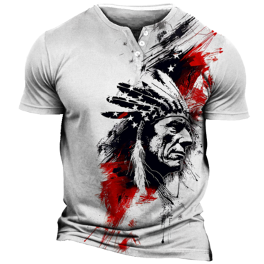 Men's American Flag Indian Chic Rock Punk Road Trip Print Henley Neck T-shirt
