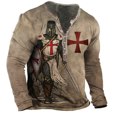 Men's Vintage Templar Cross Chic Henley Long Sleeve Top