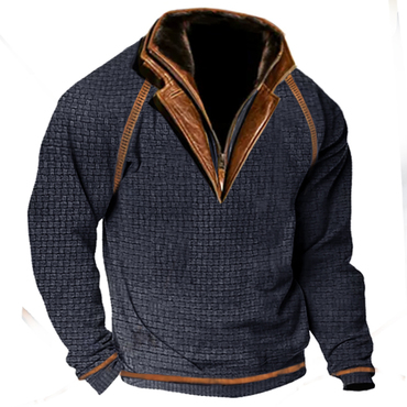 Men's Outdoor Casual Waffle Chic Zip Polo Sweatshirt Double Layer Stand Collar Long Sleeve Vintage Contrast Tactical Pullover