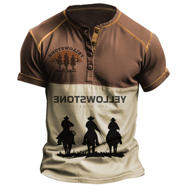 Men's Yellowstone Print Collar Chic Color Contrast Short Sleeved Henley T-shirt