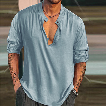 Men's Linen Shirt Henley Chic Henry Stand Collar Casual Outdoor Shirt Long Sleeve Plain Collar Casual Hawaiian Clothing