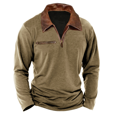 Men's 1/4 Zipper Polo Chic Leather Lapels Vintage Contrast Color Leather Pockets Long Sleeve T-shirt