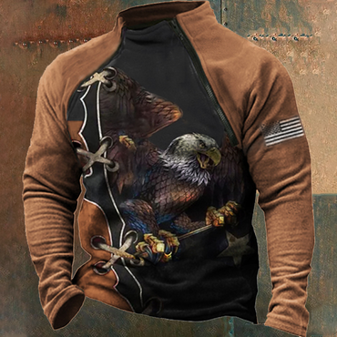 Men's Vintage American Flag Chic Eagle Print Turtleneck Sweatshirt