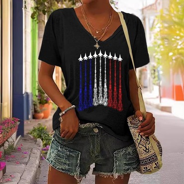 Women's American Flag Independence Chic Day 4th Of July Print Short Sleeve V-neck Casual T-shirt