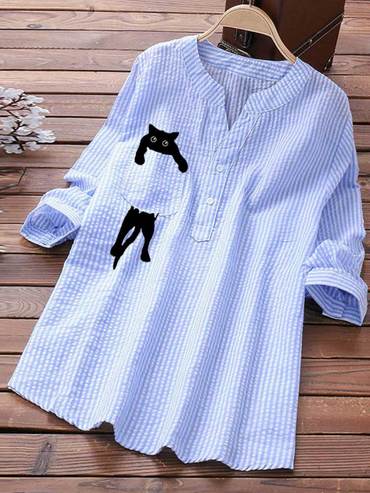 V-neck Cotton And Linen Chic Striped And Cat Print Long Sleeve Blouse