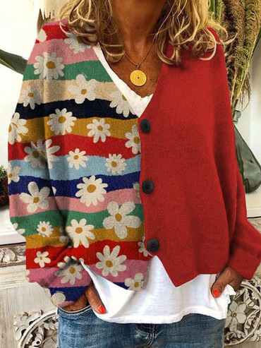 Women's Floral Color Print Chic Contrast V-neck Fleece Knitted Cardigan