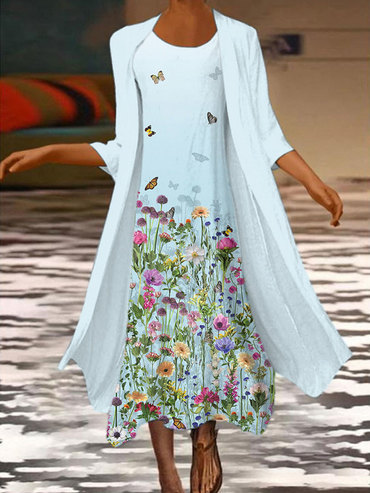 Round Neck Loose Floral Print Chic Resort Sets Maxi Dress