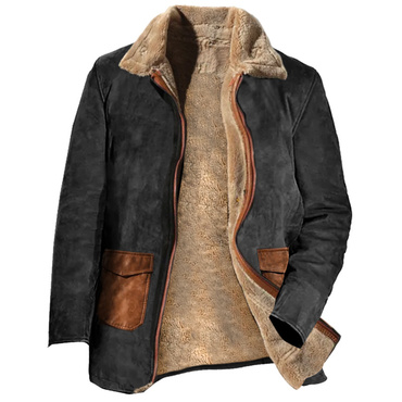 Men's Vintage Suede Blazer Chic Lapel Plus Fleece Mid-length Coat