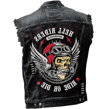 Men's Vintage Rock Punk Chic Skull Wings Print Washed Distressed Ripped Denim Vest Jacket