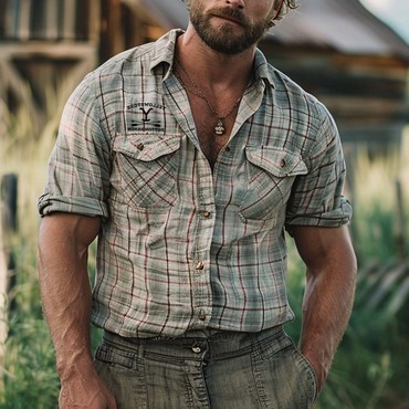 Men's Farm Yellowstone Print Chic Plaid Pocket Lapel Short-sleeve Shirt