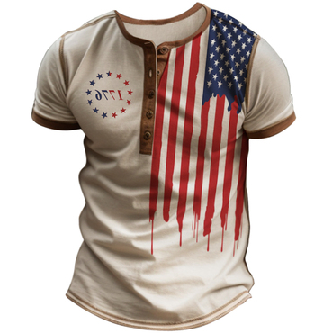 Men's Flag 1776 Independence Chic Vintage Print Outdoor Henry Contrast T-shirt