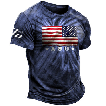 Men's Vintage American Flag Chic Independence Day July 4th Tie Dye Print Short Sleeve Crew Neck T-shirt