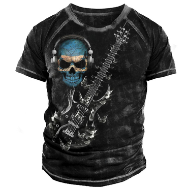 Men's Rock Band Skull Chic Guitarist Vintage Print Short Sleeved T-shirt