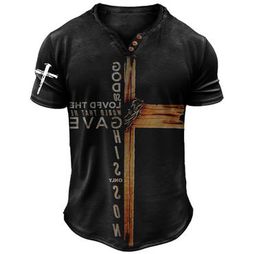 Men's Vintage Jesus Cross Chic Faith Lion Print Henley T-shirt