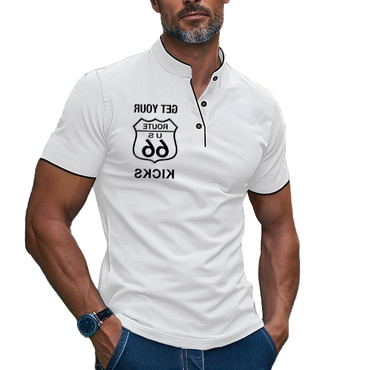 Men's Stand Collar T-shirt Chic Route 66 Vintage Outdoor Short Sleeve Summer Daily Tops