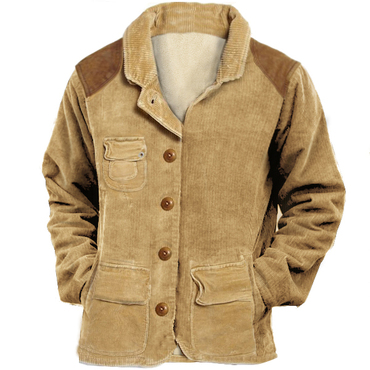 Men Vintage Fleece Corduroy Chic Blazer Lapel Collar Medium Length Multi Pocket Casual Coats
