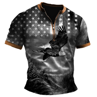 Men's Vintage American Flag Chic Independence Day Eagle Henley Zipper Short Sleeve T-shirt
