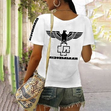 Women's Rammstein Rock Band Chic Eagle Print Short Sleeve V-neck Casual T-shirt