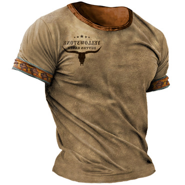 Men's T-shirt Retro Western Chic National Style Yellowstone Print Pattern Summer Short-sleeved Color Matching Round Neck Tee