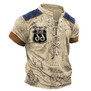 Men's Vintage World Map Chic Route 66 Lace-up Stand Collar T-shirt