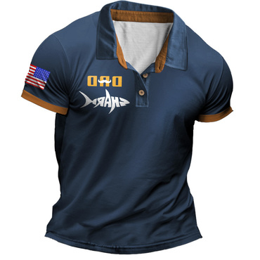 Men's Vintage Dad Bearded Chic Shark American Flag Father's Day Color Block Short Sleeve Polo T-shirt