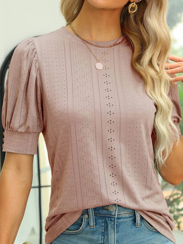 Round Neck Casual Loose Chic Embroidery Hollow Short-sleeved T-shirt