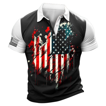 Men's Outdoor Vintage American Chic Flag Independence Day Print Color Block Short Sleeve Polo T-shirt
