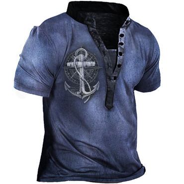 Plus Size Nautical Anchor Print Chic Men's Vintage Henley Short Sleeve T-shirt