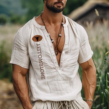 Men's Farm Yellowstone Print Chic Cotton And Linen Henley V-neck Short-sleeve Shirt