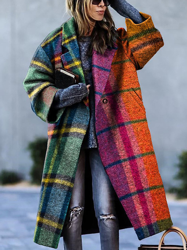 Women's Tweed Retro Colorful Chic Plaid Print Thick Mid-length Woolen Coat