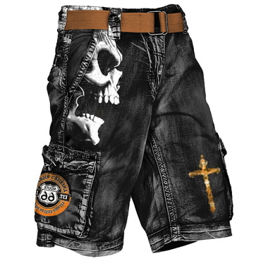 Men's Cargo Shorts Route Chic 66 Skull Cross Vintage Distressed Utility Outdoor Shorts